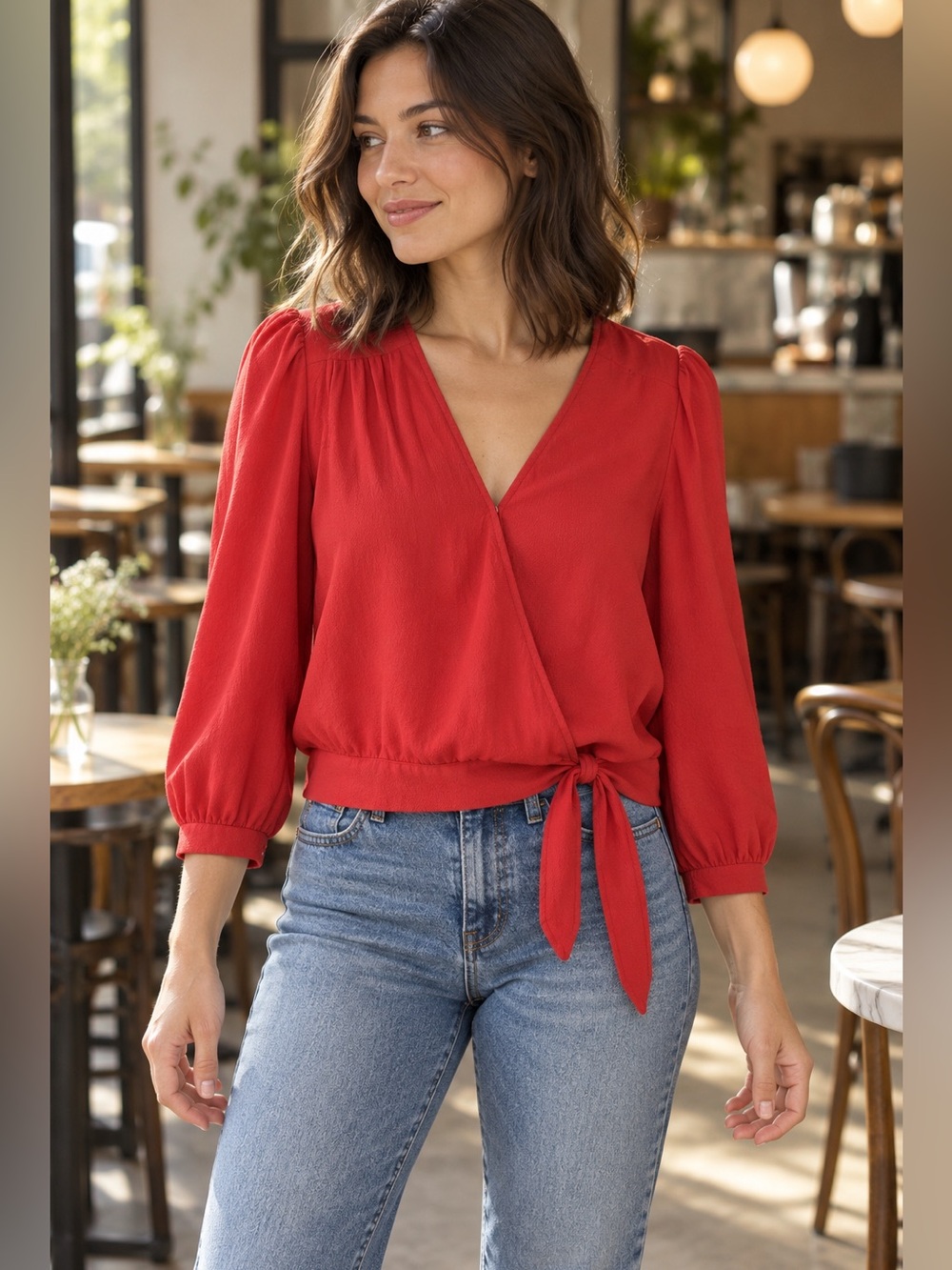 Madewell Red Wrap Style Side Tie V-Neck Blouse Size XS